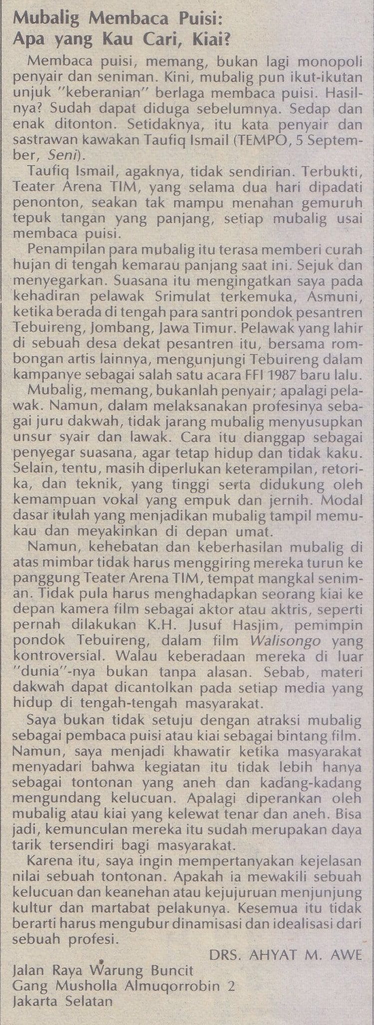 Kliping Keagamaan (17): Kehormatan Pembaca Puisi