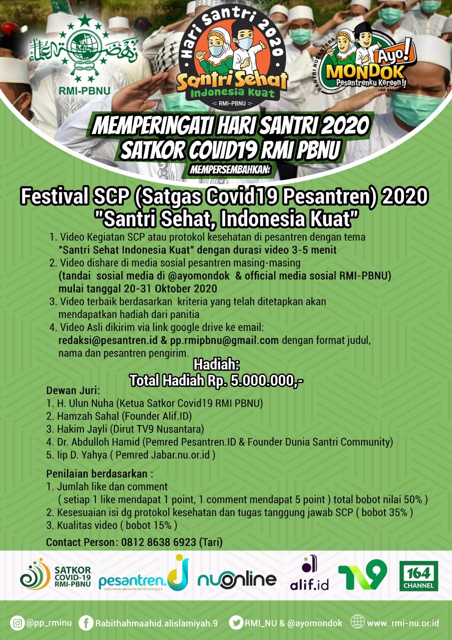 Satkor Covid-19 RMI PBNU Adakan Lomba Vidio Bertema “Santri Sehat, Indonesia Kuat”